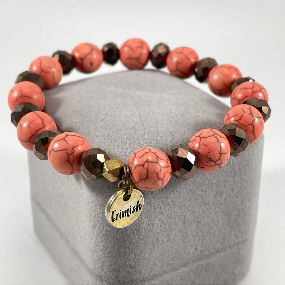 Erimish Coral Pink Crackle Round Brown Faceted Beaded Stretch Bracelet